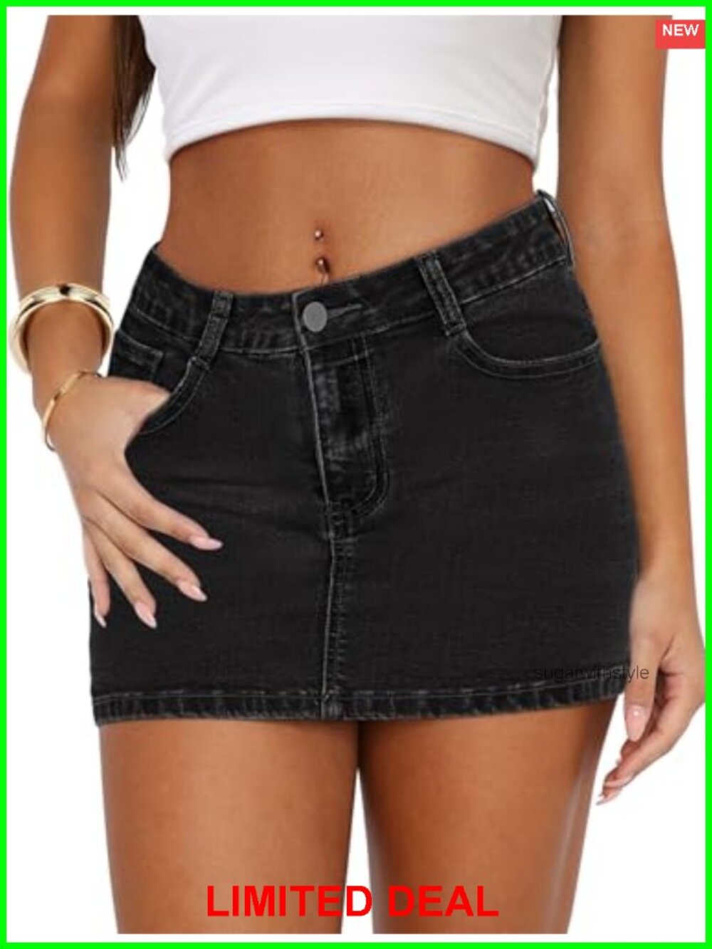Stretch Denim Mini Skirt Zip Fly Low Waisted with Pockets
